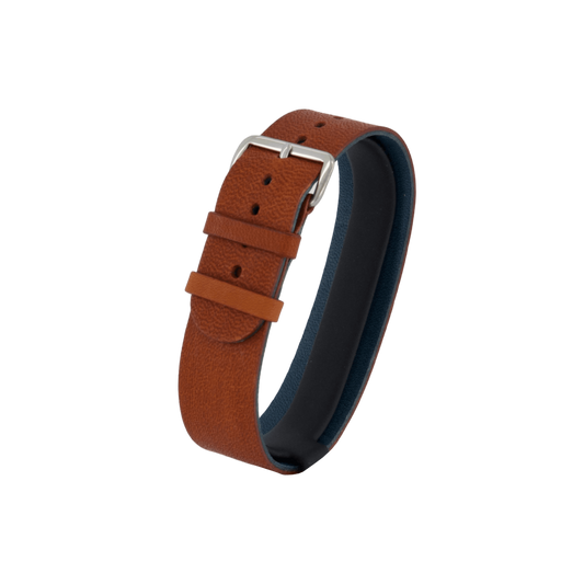 A brown classic leather watch strap with blue leather lining and a polished silver buckle.