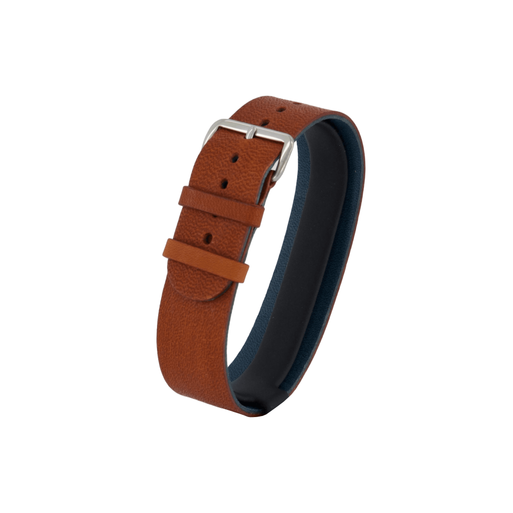 A brown classic leather watch strap with blue leather lining and a polished silver buckle.
